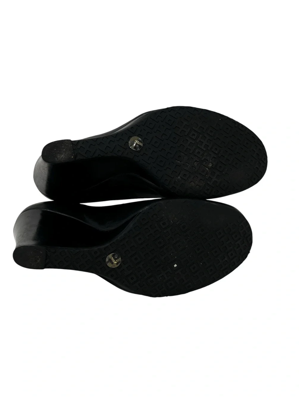 Tory Burch Black Leather Wedge Pumps with Gold Logo Disc